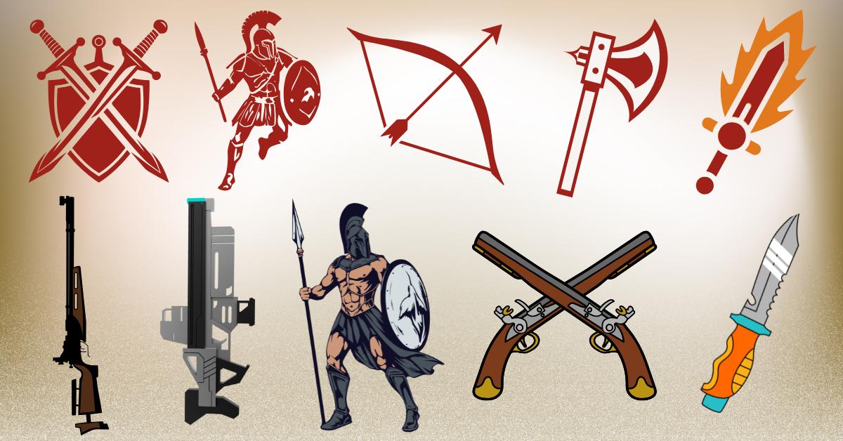 Collage of ancient and modern great weapon logos including swords, rifles, and a Spartan warrior.