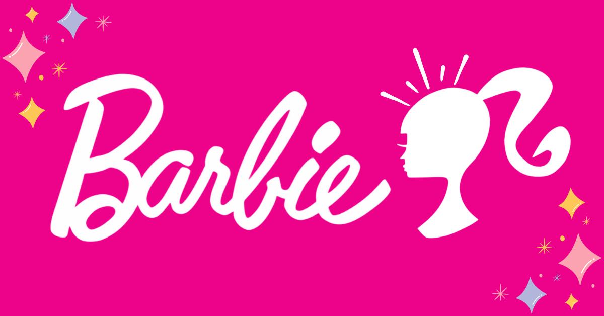 Pink background with white Barbie symbol and silhouette of a doll's head with ponytail.