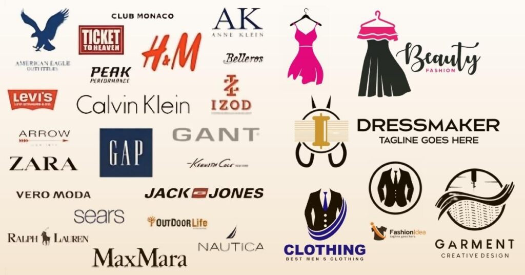 A collage of various clothing brand and garments logo mixed with fashion-related icons and text graphics.