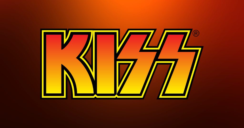 Iconic KISS logo with stylized letters on a fiery red and orange gradient background.