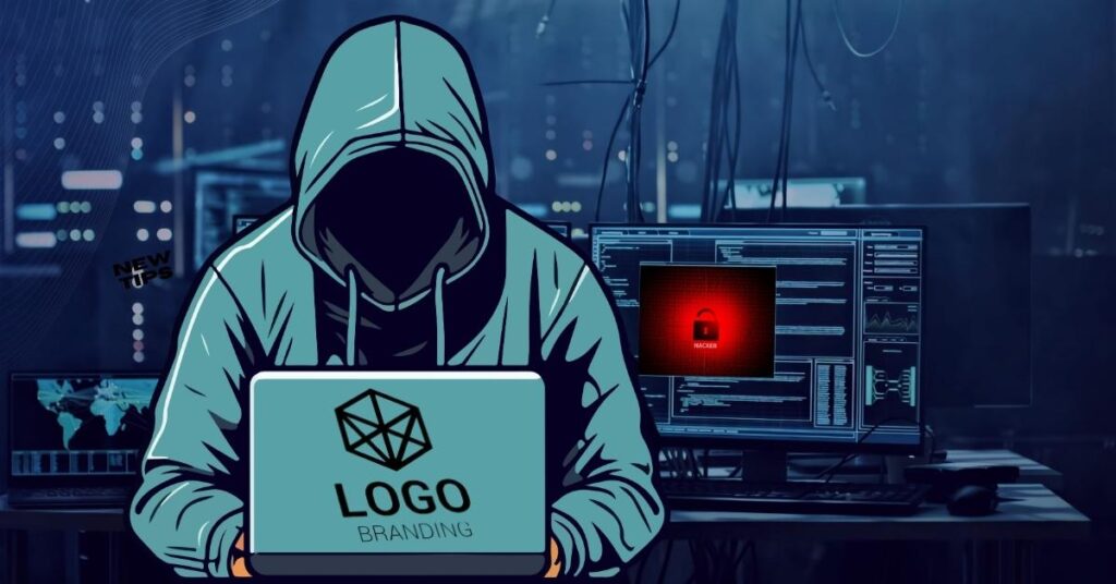 Hooded figure in front of computers with a lock symbol, suggesting logo design on laptop.