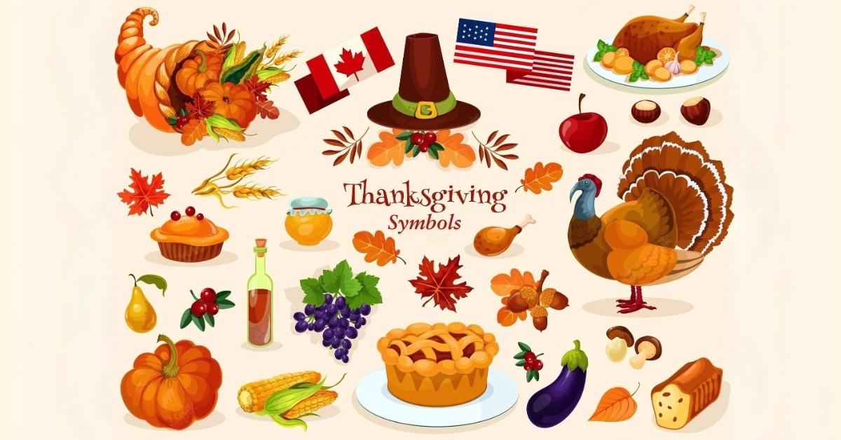 Illustration of Thanksgiving symbols, including a turkey, pumpkin, and autumn leaves.