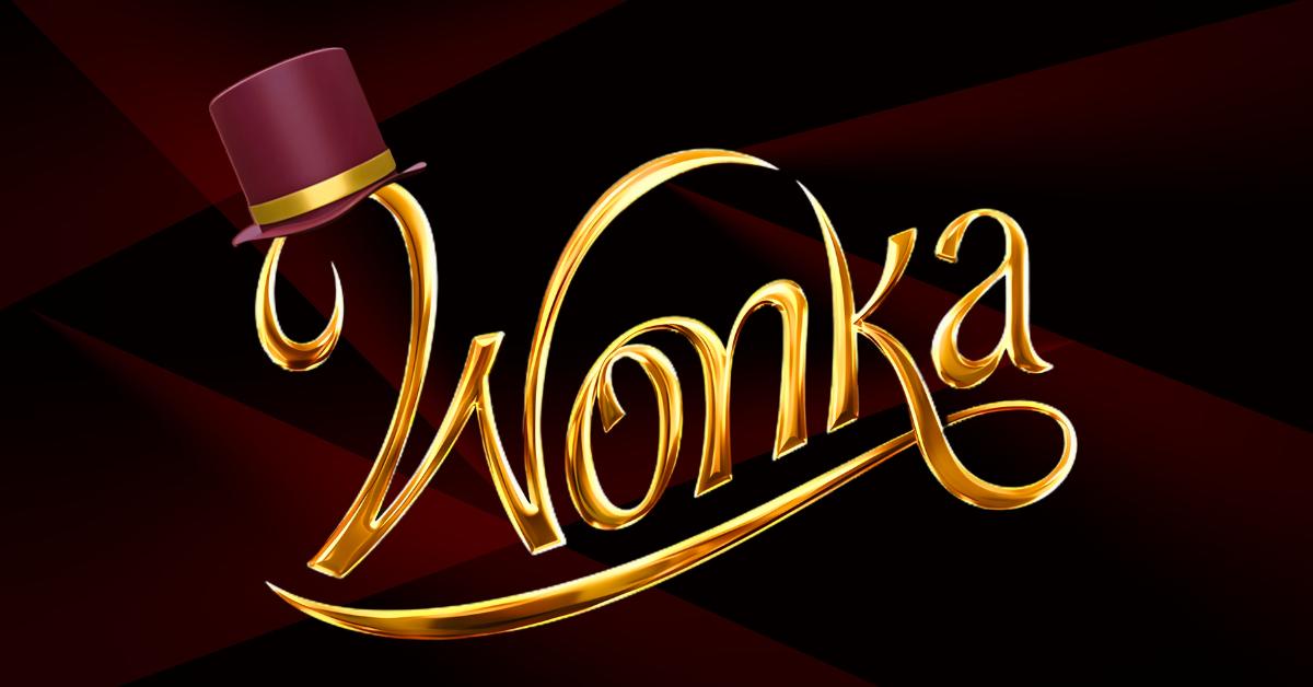 Golden "Wonka" text with a top hat on a wonka logo and dark red background.