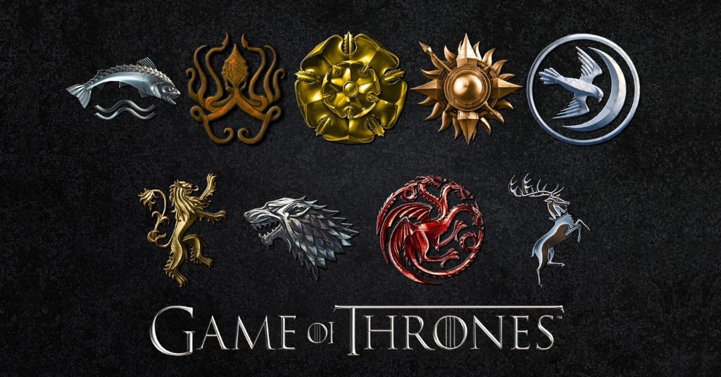 Symbols of noble houses from "Game of Thrones," including a symbols from game of thrones, are displayed on a dark textured background with the series logo.