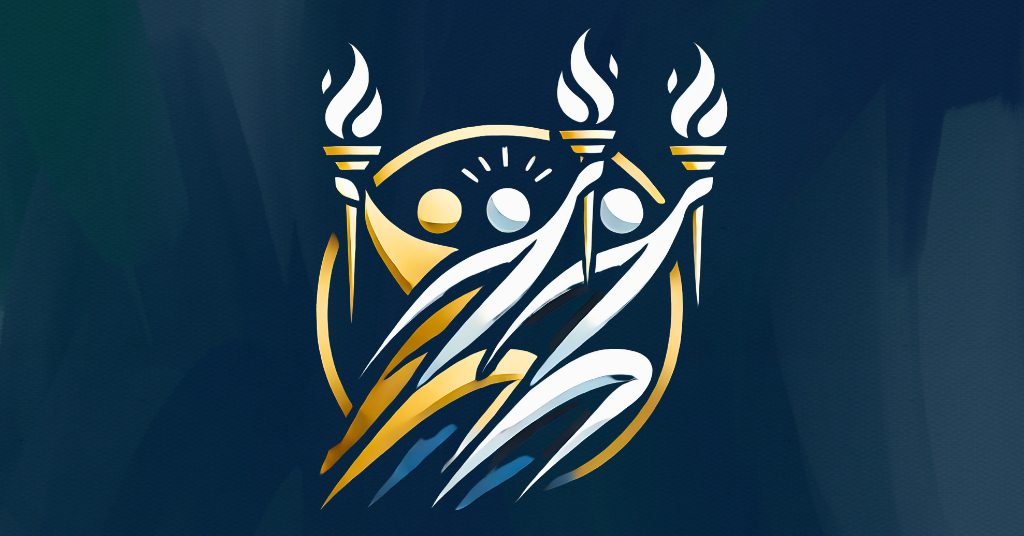 Abstract illustration of stylized figures people holding torch logo, with a dynamic blue and gold color scheme.