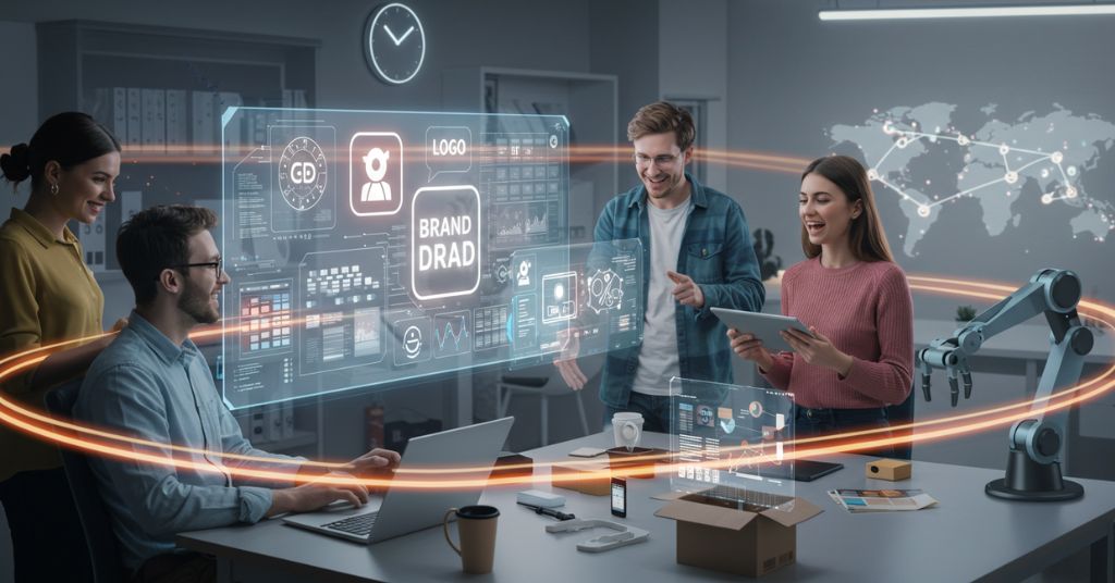 A modern office scene showcasing tech-driven collaboration and Automated Branding.