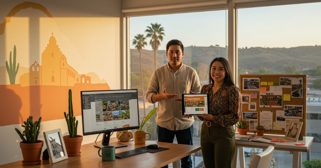 Two professionals from San Fernando Web Designs showcase a project on a tablet in a bright office with plants and a business board in the background.