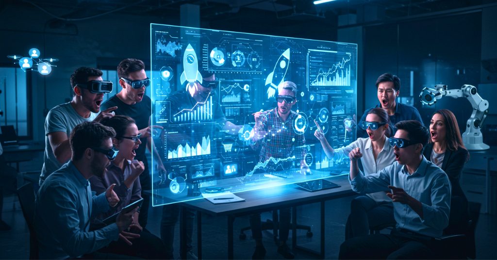 A group studies a holographic display of analytics, reviewing insights from the digital marketing news April 2025.