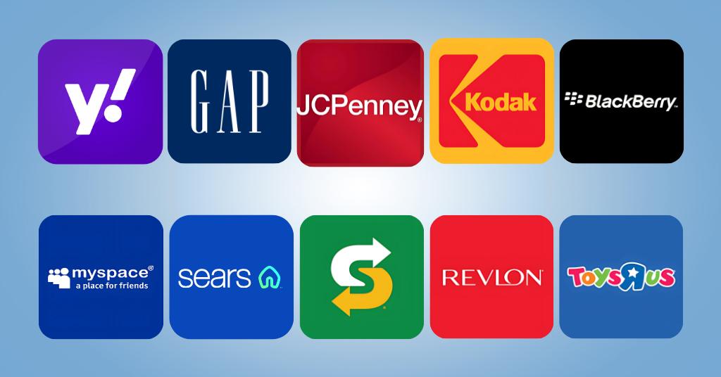 Logos of various brands, including Yahoo!, GAP, JCPenney, and others, on a blue background, highlight brands that need rebranding to stay relevant.