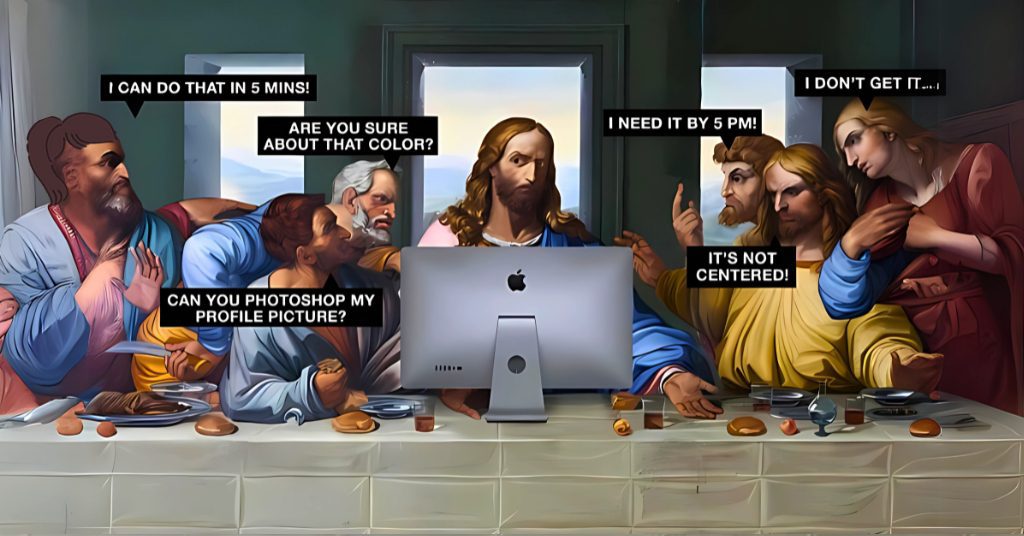 A modern parody of the Last Supper with graphic design memes themed speech bubbles.