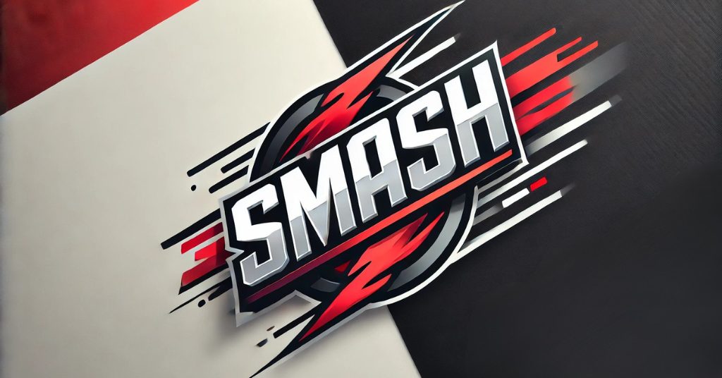 Graphic design with the word 'SMASH' in stylized red and black font on an abstract background this is called smash logo.